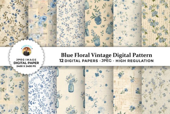 Blue Floral Vintage Digital Patterns