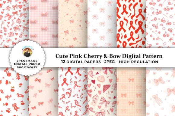 Cute Pink Cherry Bow Digital Patterns
