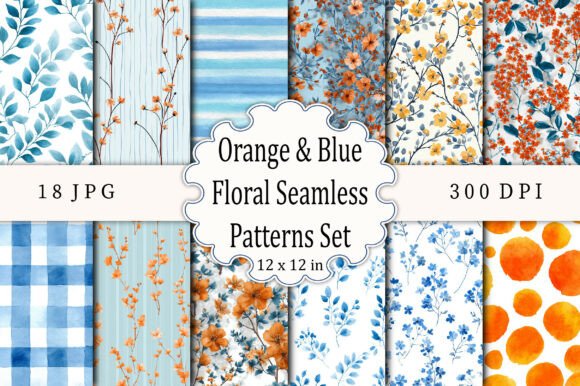 Orange Blue Floral Seamless Patterns