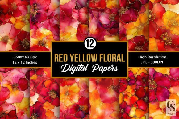 Red Yellow Alcohol Ink Flower Patterns