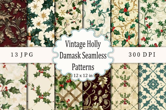 Vintage Holly Damask Seamless Patterns